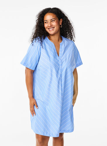 Zizzi Gestreepte jurk van biologisch katoen, Blue Stripe, Model image number 0