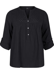 Katoenen blouse met broderie anglaise en 3/4 mouwen, Black