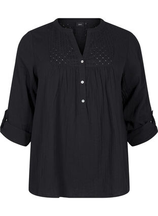 Zizzi Katoenen blouse met broderie anglaise en 3/4 mouwen, Black, Packshot image number 0