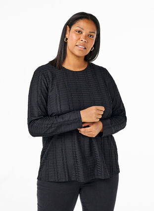 Zizzi Gestructureerde lange mouw blouse, Black, Model image number 0