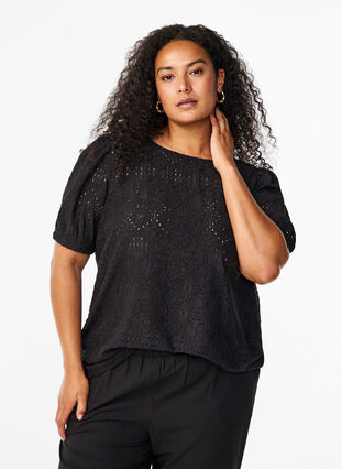 Zizzi Blouse met korte mouwen en patroon met kant, Black, Model image number 0