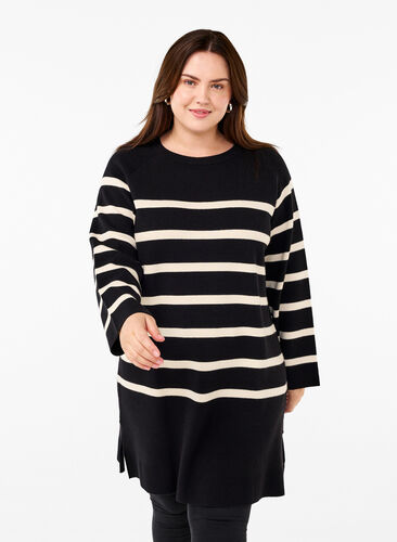 Zizzi Gebreide jurk met ronde hals en split, Black Birch Stripes, Model image number 0