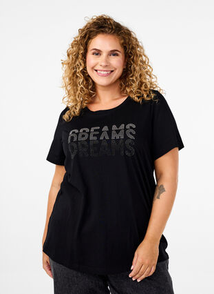 Zizzi Katoenen T-shirt met strasmotief, Black w. Dream, Model image number 0