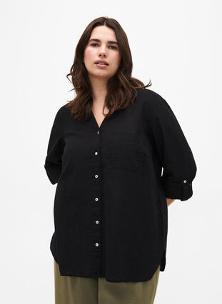 Zizzi Shirt blouse met knoopsluiting van katoen-linnenmix, Black, Model image number 0