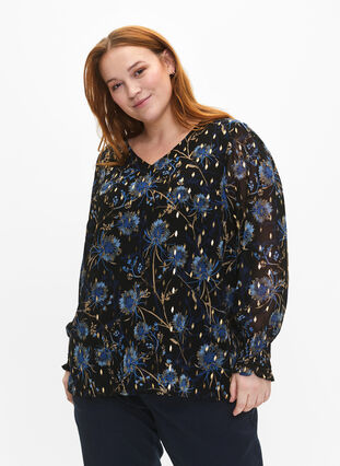 Zizzi Bloemenblouse met lange mouwen en v-hals, Black Blue Flower , Model image number 0