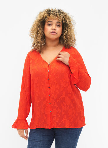 Zizzi Lange mouw shirt met jacquard look, Orange.com, Model image number 0