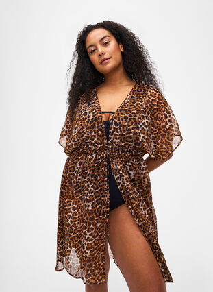 Zizzi Strand kimono met print., Leopard, Model image number 2