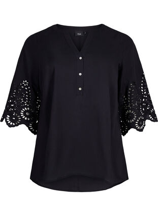 Zizzi Shirt blouse met broderie anglaise en 3/4-mouwen, Black, Packshot image number 0