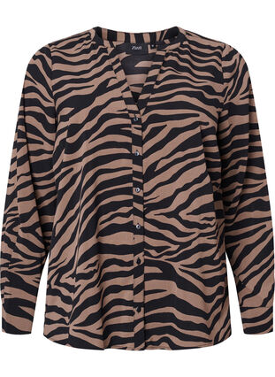 Zizzi Shirt met V-hals en zebraprint, Black/Brown Zebra, Packshot image number 0