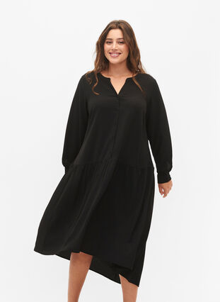 Zizzi Midi jurk met lange mouwen, Black, Model image number 2