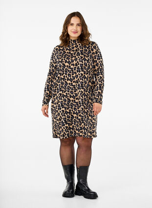 Zizzi FLASH - Jurk met lange mouwen en col, Leopard Print, Model image number 2