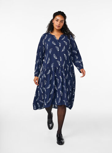 Zizzi Midi jurk met lange mouwen, Navy B. Feather AOP, Model image number 0