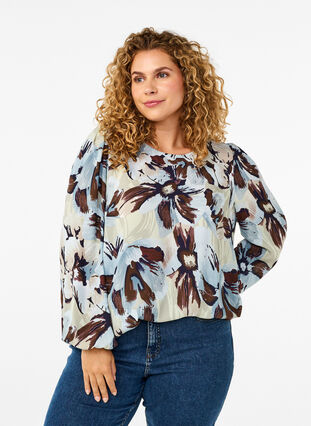 Zizzi Blouse met lange mouwen, print en knoop, Grey Flower AOP, Model image number 0