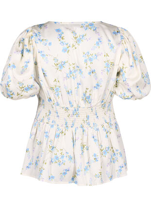 Zizzi Gebloemde satijnen blouse met pofmouwen, Off White Blue Fl., Packshot image number 1