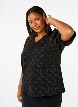 Zizzi Jacquard blouse met korte mouwen en strikjes, Black W. Bow, Model image number 0