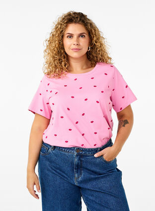 Zizzi T-shirt van biologisch katoen met geborduurde lippen, Rose Bl. Lips Emb. , Model image number 0