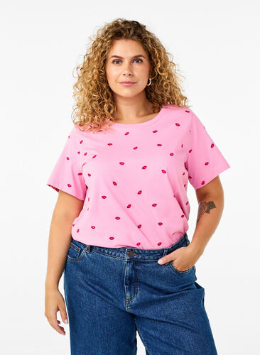 Zizzi T-shirt van biologisch katoen met geborduurde lippen, Rose Bl. Lips Emb. , Model image number 0