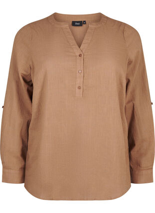 Zizzi Katoenen overhemdblouse met V-hals, Coca Mocha, Packshot image number 0