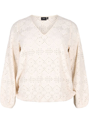 Zizzi Blouse met lange mouwen, V-hals en gaatjespatroon, Antique White, Packshot image number 0