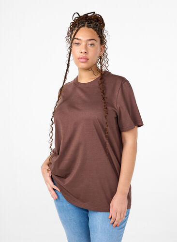 Zizzi Basic katoenen T-shirt met ronde hals, Chocolate Martini, Model image number 0