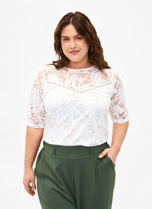 Zizzi Kanten blouse met korte mouwen, Bright White, Model image number 0
