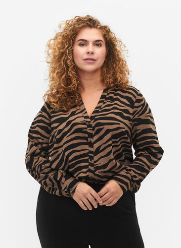 Zizzi Shirt met V-hals en zebraprint, Black/Brown Zebra, Model image number 0