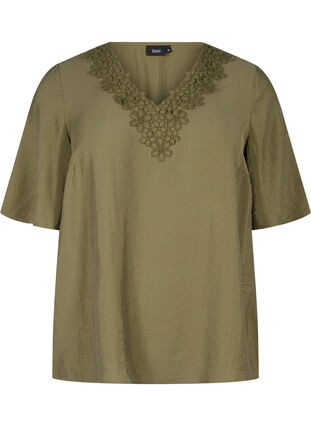 Zizzi Blouse van viscose met v-hals en borduursel, Winter Moss, Packshot image number 0