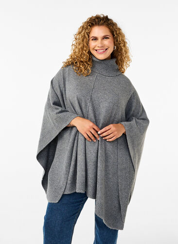 Zizzi Poncho met hoge hals, Medium Grey Melange, Model image number 0