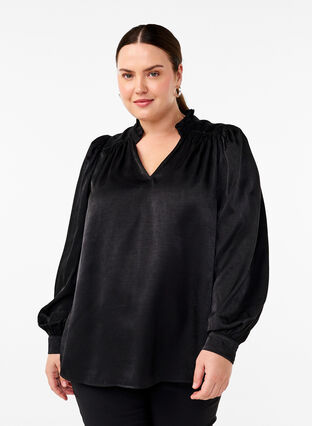 Zizzi Blouse met lange mouwen, ruches en V-hals, Black, Model image number 0