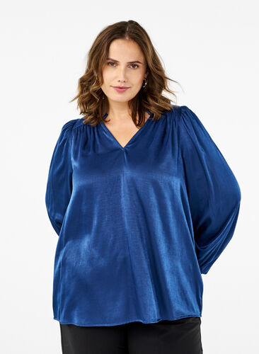 Zizzi Blouse met lange mouwen, ruches en V-hals, Estate Blue, Model image number 0