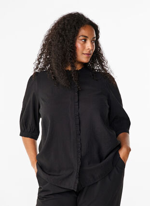 Zizzi Overhemdblouse met ruches en broderie anglaise, Black, Model image number 0