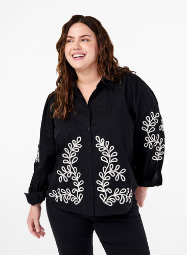 Zizzi Los katoenen shirt met borduursel, Black, Model image number 0