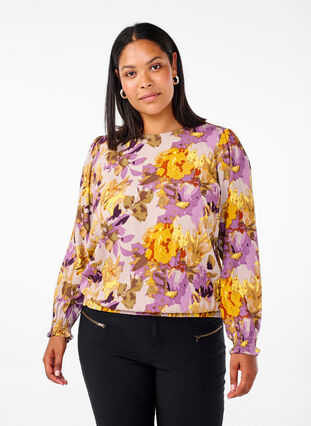 Zizzi Smock blouse met bloemenprint, Purple Flower, Model image number 0