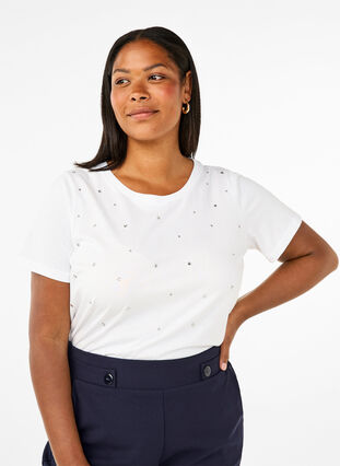 Zizzi Katoenen T-shirt met strassteentjes, Bright White, Model image number 0