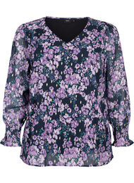 Bloemenblouse met lange mouwen en v-hals, Black Small Fl. AOP