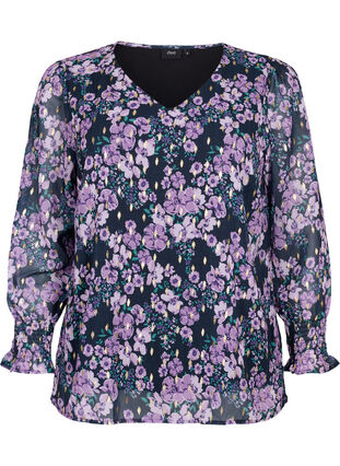 Zizzi Bloemenblouse met lange mouwen en v-hals, Black Small Fl. AOP, Packshot image number 0