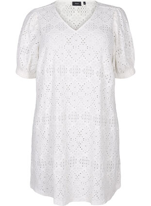 Zizzi Korte jurk met V-hals en gaatjespatroon, Bright White, Packshot image number 0