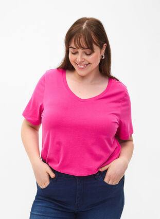 Zizzi Basic t-shirt in effen kleur met katoen, Raspberry Rose, Model image number 0