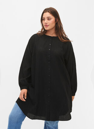 Zizzi Lange viscose shirt met gestreept patroon, Black, Model image number 0