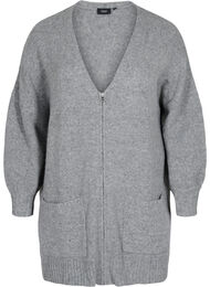 Lang gebreid vest met rits en zakken, Medium Grey Melange