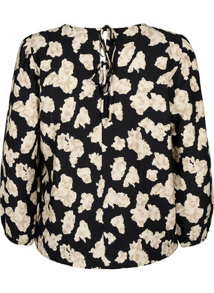 Zizzi Blouse met lange mouwen, print en strikjes, Black AOP, Packshot image number 1