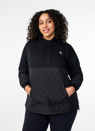 Zizzi Sweatshirt met capuchon en quilt, Black, Model image number 0