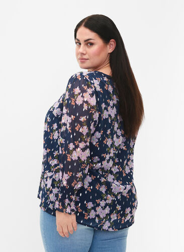 Zizzi Bloemenblouse met lange mouwen en v-hals, Blue Small Fl. AOP, Model image number 1