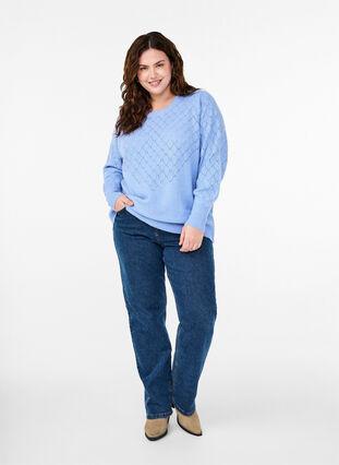 Zizzi Gebreide blouse met kantpatroon, Cornflower Blue Mel., Model image number 2