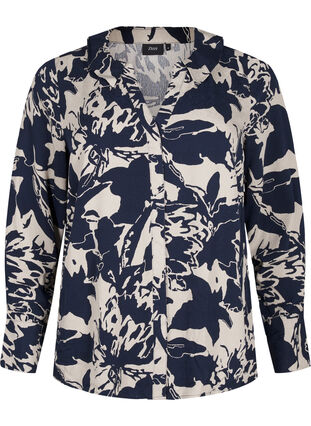 Zizzi Shirt met lange mouwen, print en V-hals, Navy Blazer AOP, Packshot image number 0