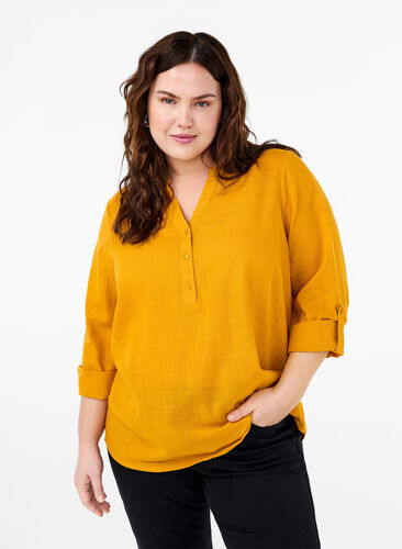 Zizzi Katoenen overhemdblouse met V-hals, Golden Yellow, Model image number 0