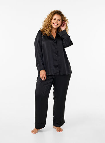 Zizzi Satijnen pyjamabroek met elastische tailleband, Black, Model image number 0