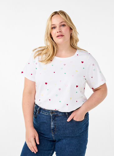 Zizzi T-shirt van biologisch katoen met hartjes, White Heart Emb., Model image number 0