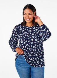 Blouse met lange mouwen en bloemenprint, Night Sky AOP, Model