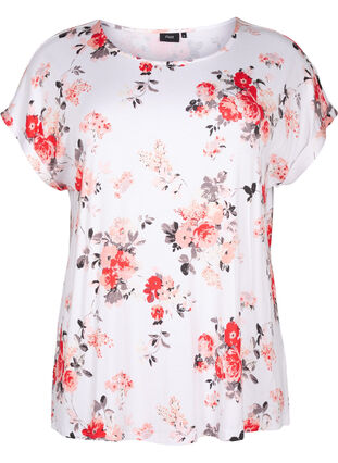 Zizzi Viscose blouse met korte mouwen en bloemen, White AOP flower, Packshot image number 0